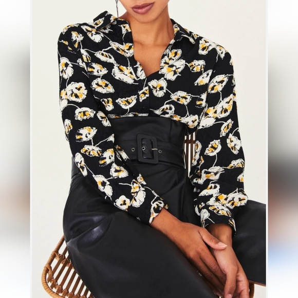 Ba&Sh Una Plisse Pleated Floral Button Up Black w Cream Yellow Flowers XS - Picture 12 of 16